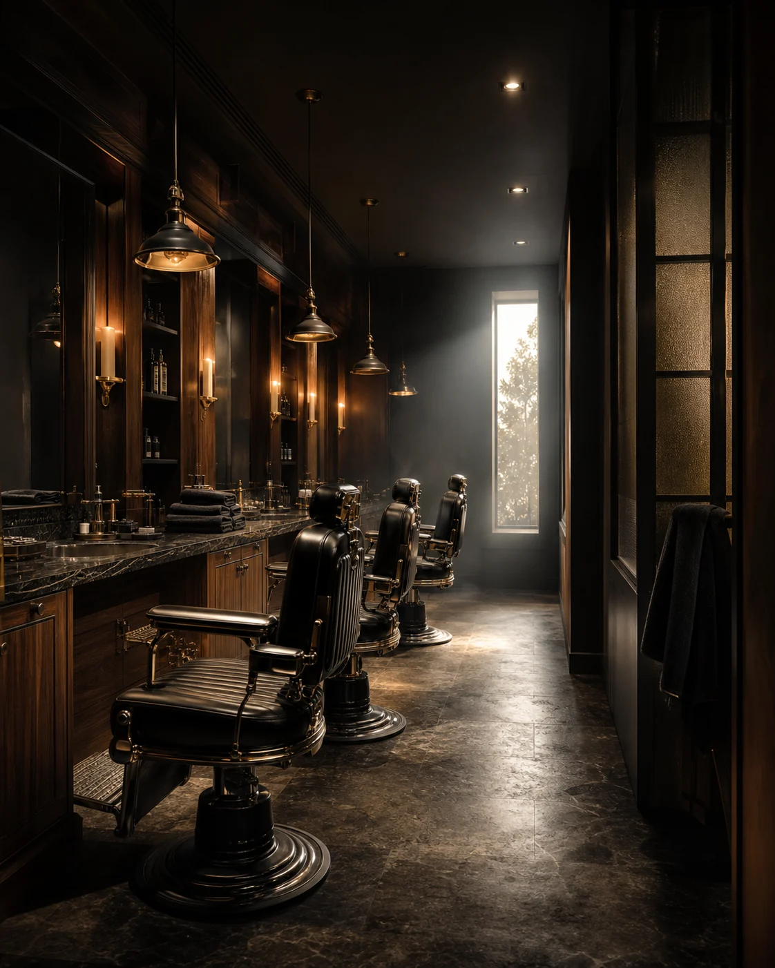 Interior y sillas de NOIR Barber Studio